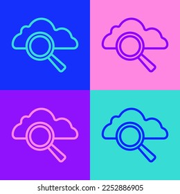 Pop art line Search cloud computing icon isolated on color background. Magnifying glass and cloud.  Vector