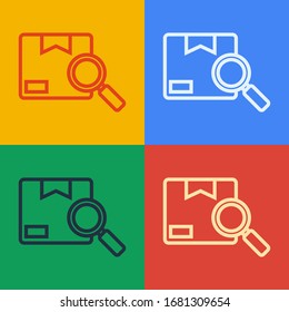 Pop art line Search package icon isolated on color background. Parcel tracking. Magnifying glass and cardboard box. Logistic and delivery.  Vector Illustration