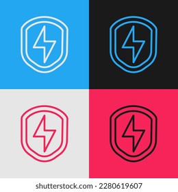Pop art line Secure shield with lightning icon isolated on color background. Security, safety, protection, privacy concept.  Vector