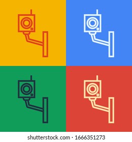 Pop art line Security camera icon isolated on color background.  Vector Illustration