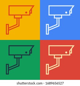 Pop art line Security camera icon isolated on color background.  Vector Illustration