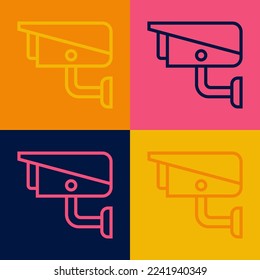 Pop art line Security camera icon isolated on color background.  Vector