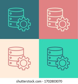 Línea de arte pop Icono de servidor y engranaje aislado en fondo de color. Ajuste de aplicaciones, concepto de servicio, opciones de configuración, mantenimiento, reparación, arreglo. Ilustración vectorial