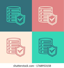 Pop art line Server with shield icon isolated on color background. Protection against attacks. Network firewall, router, switch, data. Vector