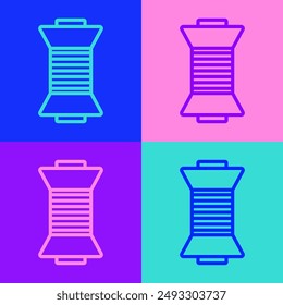 Pop art line Sewing thread on spool icon isolated on color background. Yarn spool. Thread bobbin.  Vector Illustration