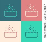 Pop art line Shark fin in ocean wave icon isolated on color background.  Vector