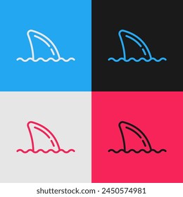 Pop art line Shark fin in ocean wave icon isolated on color background.  Vector