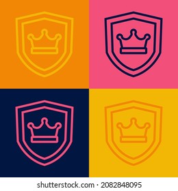 Pop art line Shield with crown icon isolated on color background.  Vector
