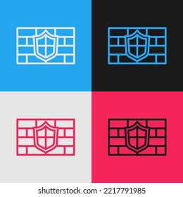 Pop art line Shield with cyber security brick wall icon isolated on color background. Data protection symbol. Firewall. Network protection.  Vector