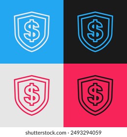 Pop art line Shield with dollar symbol icon isolated on color background. Security shield protection. Money security concept.  Vector