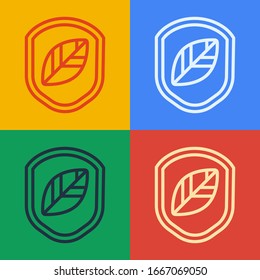 Escudo de línea pop con icono de hoja aislado en fondo de color. Protector de seguridad ecológico con hoja. Ilustración vectorial
