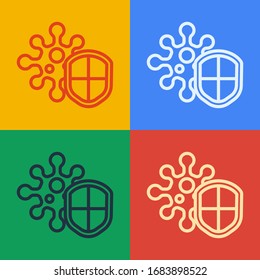 Pop art line Shield protecting from virus, germs and bacteria icon isolated on color background. Immune system concept. Corona virus 2019-nCoV.  Vector Illustration