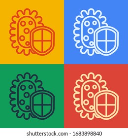 Pop art line Shield protecting from virus, germs and bacteria icon isolated on color background. Immune system concept. Corona virus 2019-nCoV.  Vector Illustration