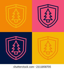 Pop-Kunstlinie Schild mit Baumsymbol einzeln auf Farbhintergrund. Umweltfreundlicher Sicherheitsschild mit Baum.  Vektorgrafik