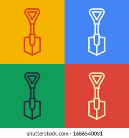 Pop art line Shovel icon isolated on color background. Gardening tool. Tool for horticulture, agriculture, farming.  Vector Illustration