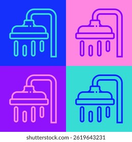 Pop art line Shower head with water drops flowing icon isolated on color background.  Vector Illustration