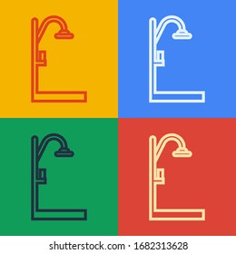 Pop art line Shower icon isolated on color background.  Vector Illustration