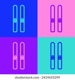 Pop art line Ski and sticks icon isolated on color background. Extreme sport. Skiing equipment. Winter sports icon.  Vector Illustration