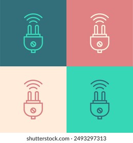 Pop art line Smart electric plug system icon isolated on color background. Internet of things concept with wireless connection.  Vector