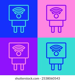 Icono de sistema de enchufe eléctrico inteligente de línea de arte Pop aislado en fondo de color. Concepto de Internet de las cosas con conexión inalámbrica.  Vector