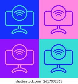 Pop art line Smart Tv system icon isolated on color background. Television sign. Internet of things concept with wireless connection.  Vector