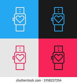 Pop art line Smart watch showing heart beat rate icon isolated on color background. Fitness App concept.  Vector