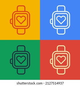 Pop art line Smart watch showing heart beat rate icon isolated on color background. Fitness App concept.  Vector