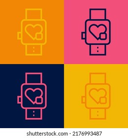 Línea de arte pop El reloj inteligente muestra el icono de ritmo de latido del corazón aislado en el fondo del color. Concepto de aplicación de fitness.  Vector
