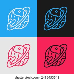 Pop art line Space capsule returning to earth via parachute icon isolated on color background.  Vector Illustration