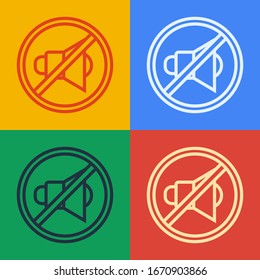 Pop art line Speaker mute icon isolated on color background. No sound icon. Volume Off symbol.  Vector Illustration