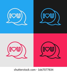 Pop art line Speech bubble with text I love you icon isolated on color background. 8 March. International Happy Women Day.  Vector Illustration