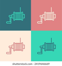 Pop art line Spinning reel for fishing icon isolated on color background. Fishing coil. Fishing tackle.  Vector