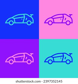 Pop art line Sport racing car icon isolated on color background.  Vector