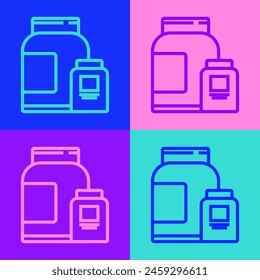 Pop art line Sports nutrition bodybuilding proteine power drink and food icon isolated on color background.  Vector