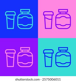 Pop art line Sports nutrition bodybuilding proteine power drink and food icon isolated on color background.  Vector