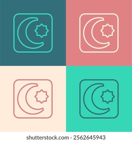 Pop art line Star and crescent - symbol of Islam icon isolated on color background. Religion symbol.  Vector