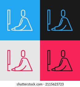 Línea de arte pop Estudiante trabajando en el icono del portátil aislado en el fondo del color. Concepto de lugar de trabajo.  Ilustración vectorial