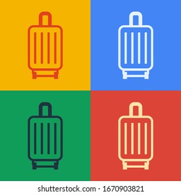 Pop art line Suitcase for travel icon isolated on color background. Traveling baggage sign. Travel luggage icon.  Vector Illustration