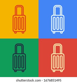 Pop art line Suitcase for travel icon isolated on color background. Traveling baggage sign. Travel luggage icon.  Vector Illustration