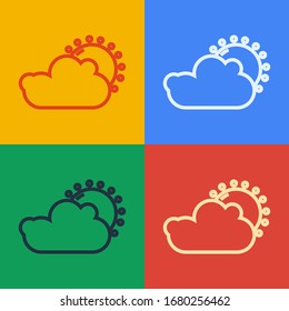 Pop art line Sun and cloud weather icon isolated on color background.  Vector Illustration