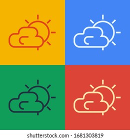 Pop art line Sun and cloud weather icon isolated on color background.  Vector Illustration