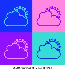 Línea de arte pop Icono de sol y clima en la nube aislado en el fondo del color.  Vector