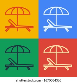 Pop art line Sunbed icon isolated on color background. Beach umbrella and Sun lounger.  Vector Illustration