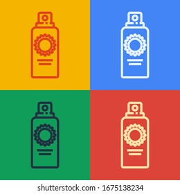 Pop art line Sunscreen spray bottle icon isolated on color background. Protection for the skin from solar ultraviolet light.  Vector Illustration