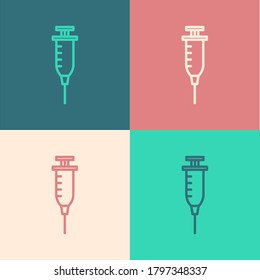 Pop art line Syringe icon isolated on color background. Syringe for vaccine, vaccination, injection, flu shot. Medical equipment. Vector Illustration