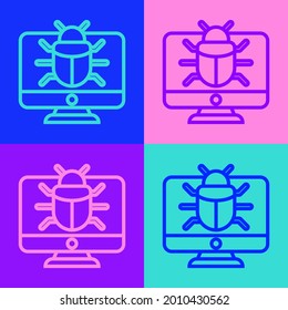 Pop art line System bug on monitor icon isolated on color background. Code bug concept. Bug in the system. Bug searching.  Vector