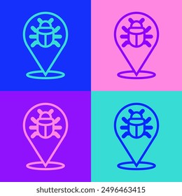 Pop art line System bug concept icon isolated on color background. Code bug concept. Bug in the system. Bug searching.  Vector