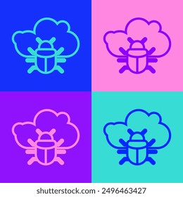 Pop art line System bug on a cloud icon isolated on color background. Cloud computing design concept. Digital network connection.  Vector