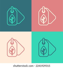 Pop art line Tag with leaf symbol icon isolated on color background. Banner, label, tag, logo, sticker for eco green.  Vector