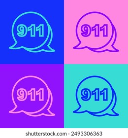 Pop art line Telephone with emergency call 911 icon isolated on color background. Police, ambulance, fire department, call, phone.  Vector